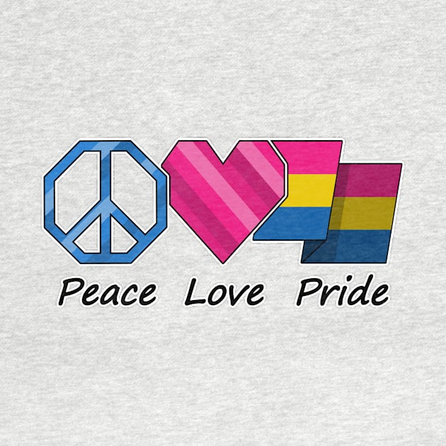 Peace, Love, and Pride design in Pansexual pride flag colors by LiveLoudGraphics